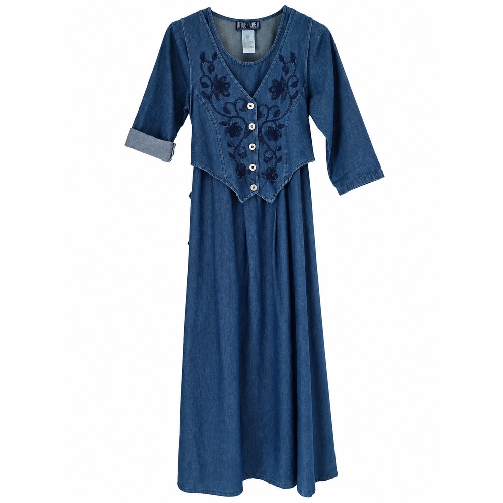 True Blue Denim Dress Women's S 100% Cotton Embroidered Floral Maxi Blue